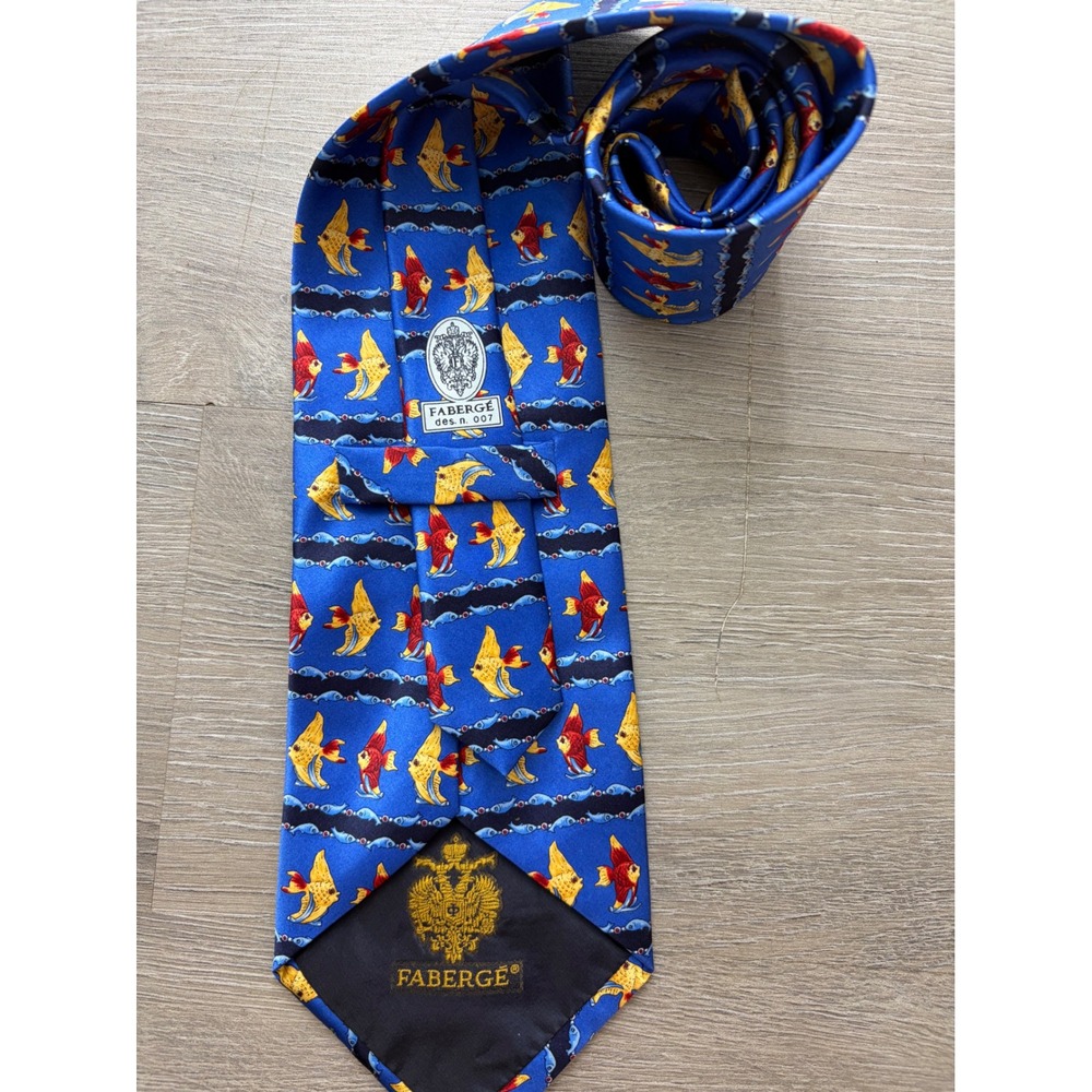 Faberge Mens Silk Tie Blue Tropical Fish Nautical Handmade USA Des 007 4 Inch